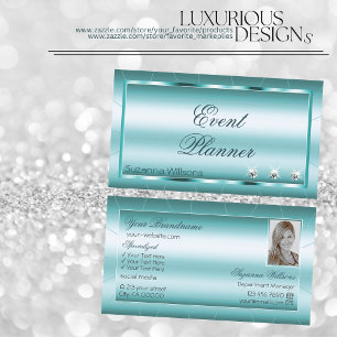 Shimmery Teal with Diamonds and Photo Professional Business Card