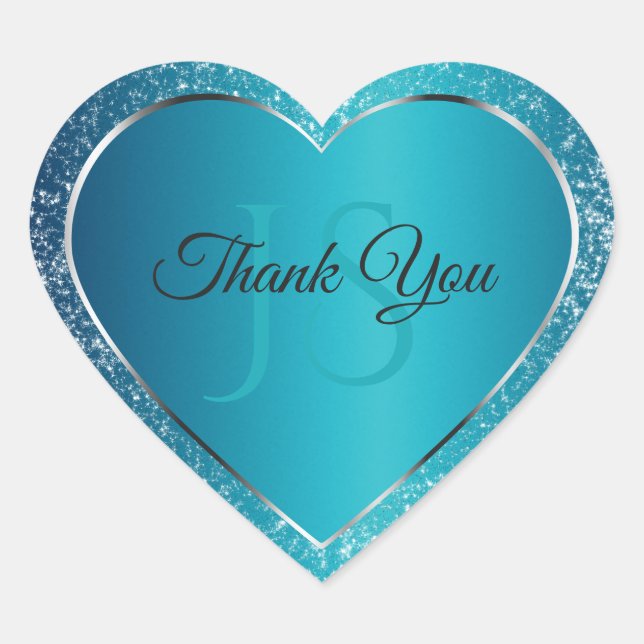 Shimmery Teal with Glitter Initials Cute Thank You Heart Sticker (Front)