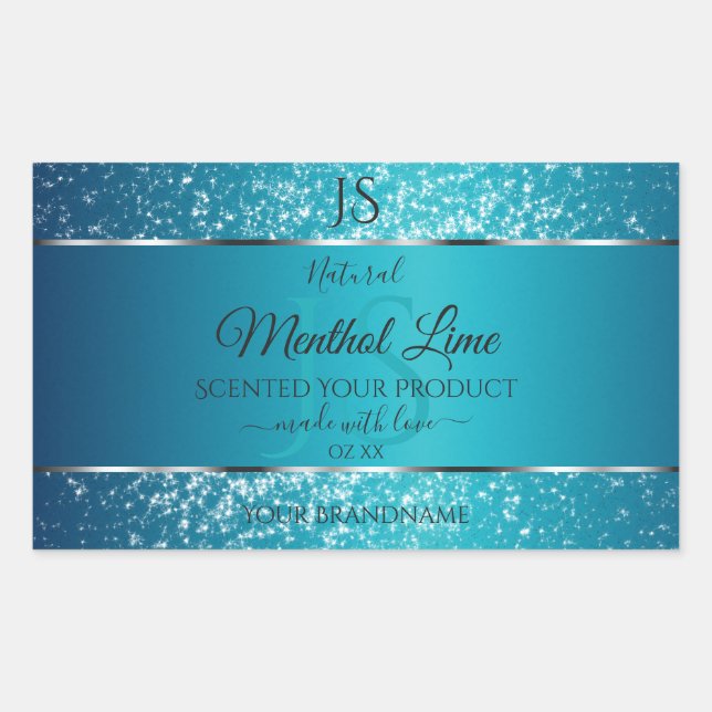Shimmery Teal with Glitter Initials Product Labels (Front)