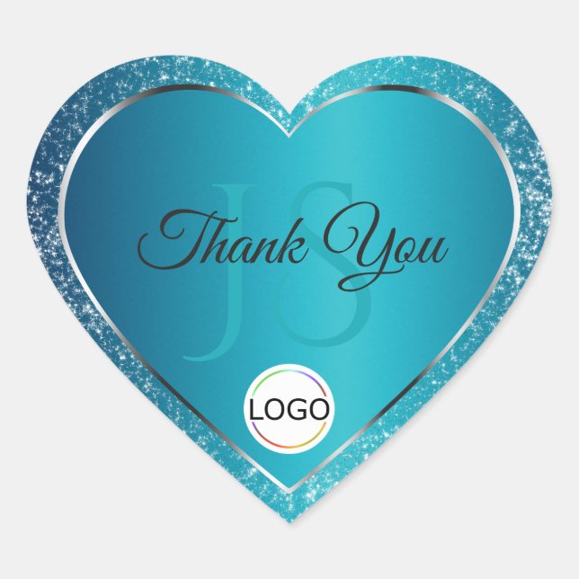 Shimmery Teal with Logo Initials Glitter Thank You Heart Sticker (Front)