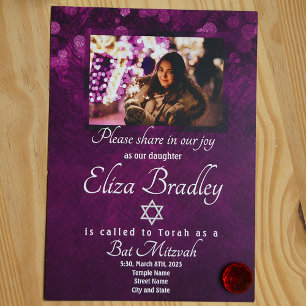 Shimmery Violet Bat Mitzvah Invitation with Star