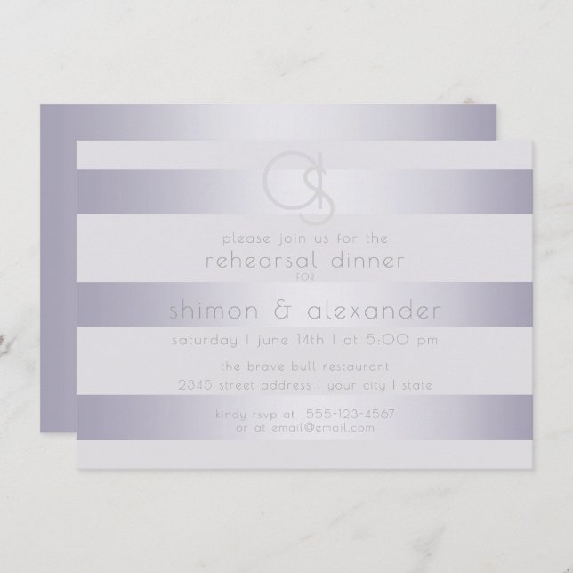 Shimmery Violet Silver Stripes with Monogram Invitation (Front/Back)