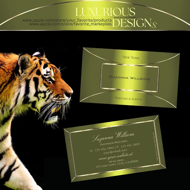 Shimmery Yellow and Olive Green with Golden Decor Business Card (Creator Uploaded)