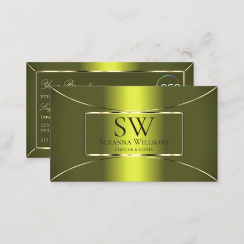 Shimmery Yellow Olive Green with Monogram and Logo Business Card