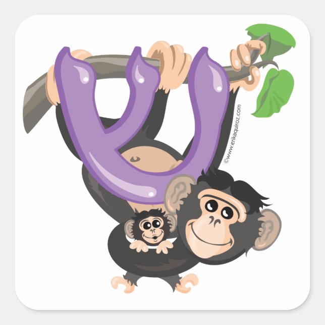 Shin Hebrew Aleph Bet Alphabet Chimpanzee Stickers (Front)