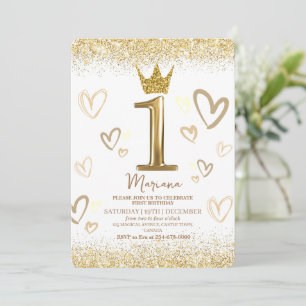 Shine 1st Crown Gold glitter First Birthday Party Invitation