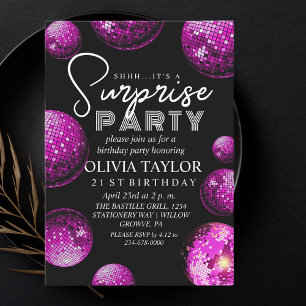 Shine Black Pink Surprise Birthday Party Invitation