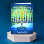 Shine bright blue menorah custom name Hanukkah Holiday Card<br><div class="desc">“Shine bright all season long. Happy Hanukkah.” A close-up photo of a bright, colorful, blue artsy menorah helps you usher in the holiday of Hanukkah. Feel the warmth and joy of the holiday season whenever you send this stunning, colorful Hanukkah greeting card. Matching envelopes, stickers, stamps, tote bags, serving trays,...</div>
