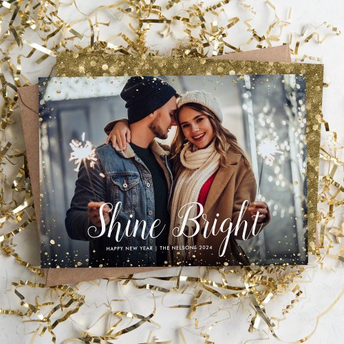 Shine Bright  Glitz Faux Glitter Photo Overlay Holiday Card