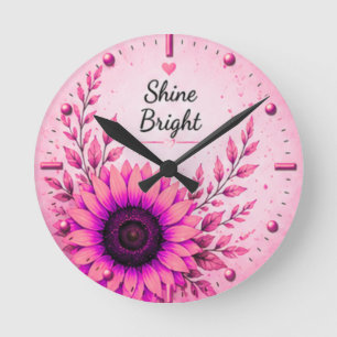 Shine Bright Pink Sunflower Floral Decorative Round Clock