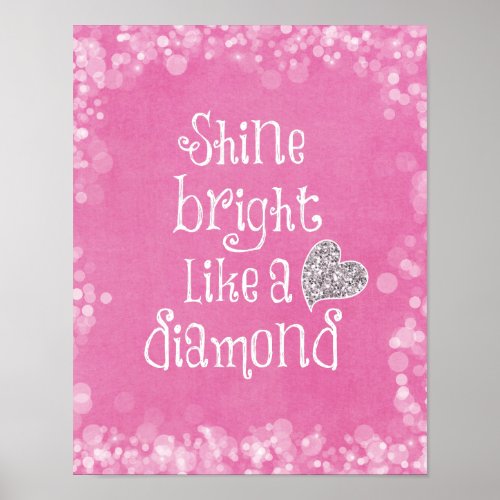 Shine Bright Quote with Silver Sparkle Heart Poster