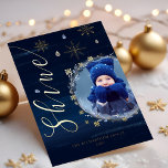 Shine Elegant Snowflakes & Jewels Photo Wreath Foil Holiday Card<br><div class="desc">Our starry golden jewel abstract winter night Christmas collection captures royal opulence with a modern abstract twist. Deep navy blues, golden and blue jewels, and hints of blue shades create an elegant winter night ambiance. Design features a single photo layout to display your special holiday photo placed inside our beautiful...</div>