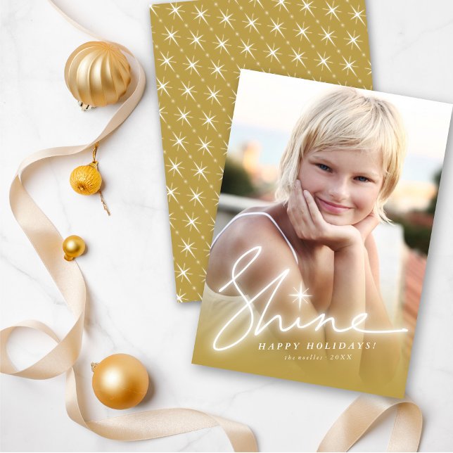 Shine Glow Handwriting Script Gold Ombre Photo Holiday Card (Creator Uploaded)