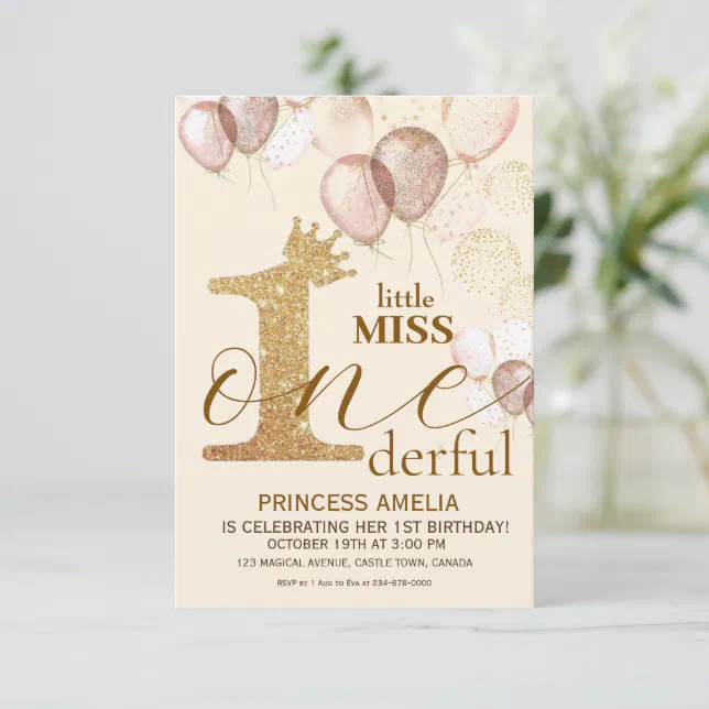 Shine Gold Crown Princess Blush 1st Birthday Invitation | Zazzle
