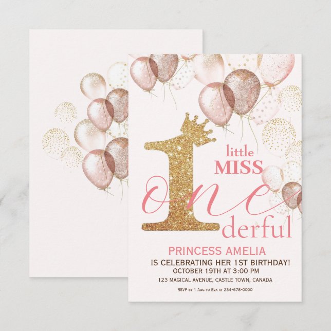 Shine Gold Crown Princess BlushFirst Birthday Invitation (Front/Back)