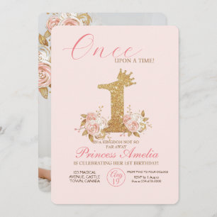 Shine Golden Crown Princess First Birthday Party Invitation