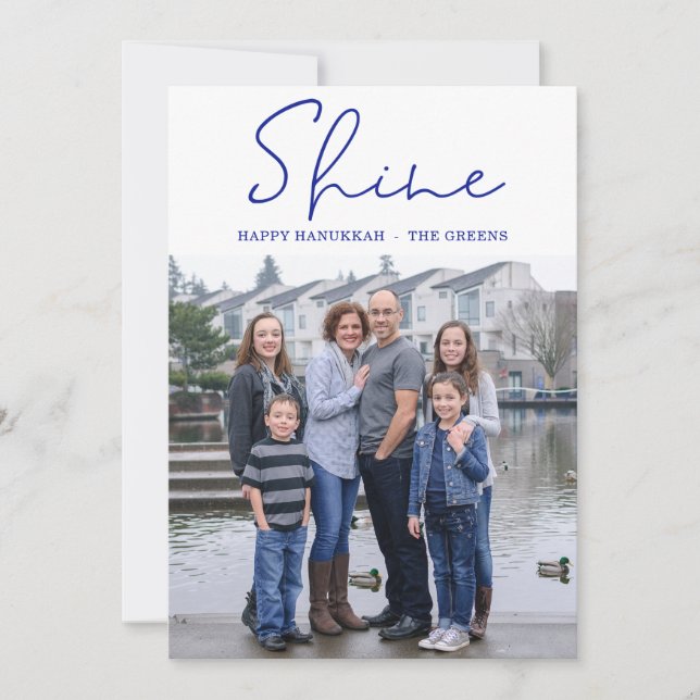 Shine Happy Hanukkah Blue Photo Holiday Card (Front)