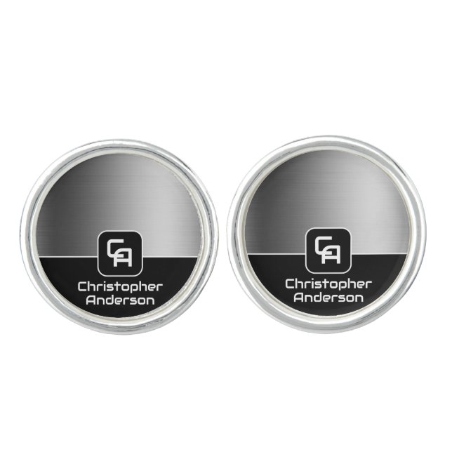 Shine Metallic Silver Monogram Cufflinks (Front)