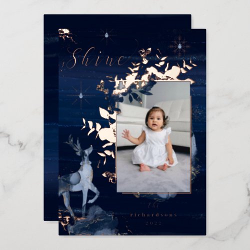 Shine Navy Gold Snowflakes Reindeer  Jewels Photo Foil Holiday Card