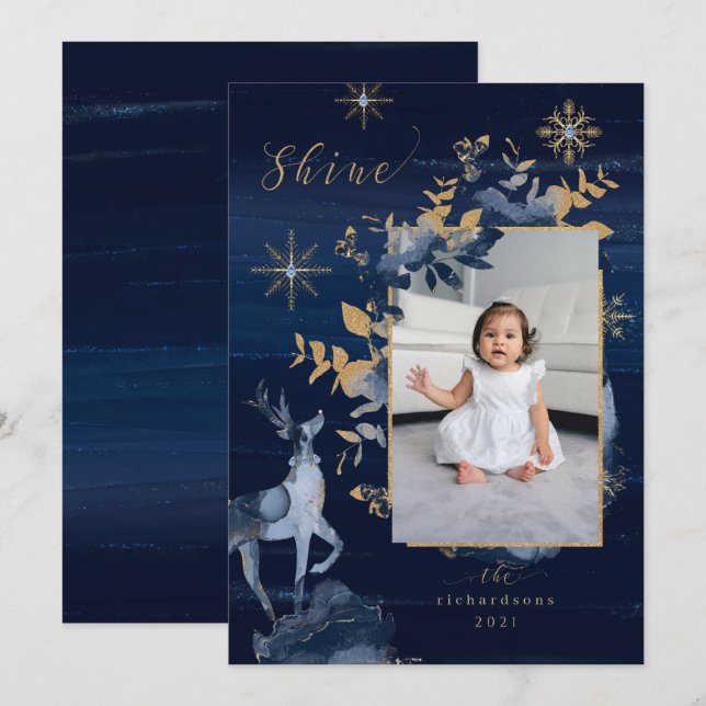 Shine Navy Gold Snowflakes Reindeer & Jewels Photo Holiday Card (Front/Back)