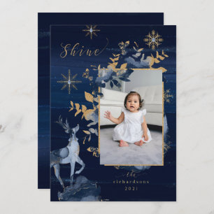 Shine Navy Gold Snowflakes Reindeer & Jewels Photo Holiday Card