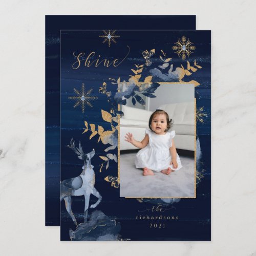 Shine Navy Gold Snowflakes Reindeer  Jewels Photo Holiday Card