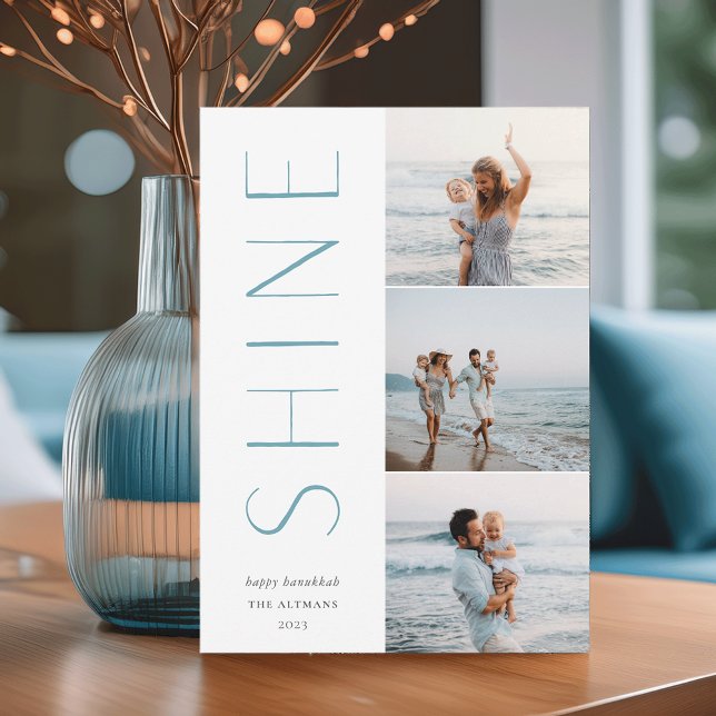 Shine On | Modern 3 Photo Collage Hanukkah Holiday Card (Creator Uploaded)