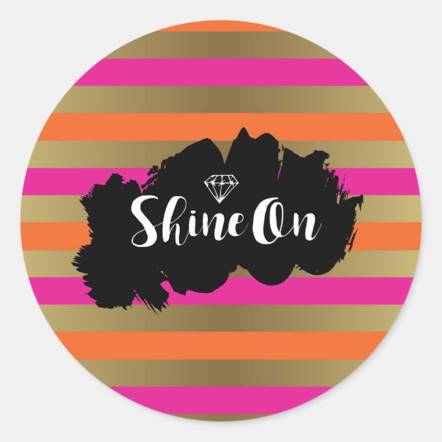 Shine On Pink Orange & Faux Gold Metallic Stripe Classic Round Sticker (Front)