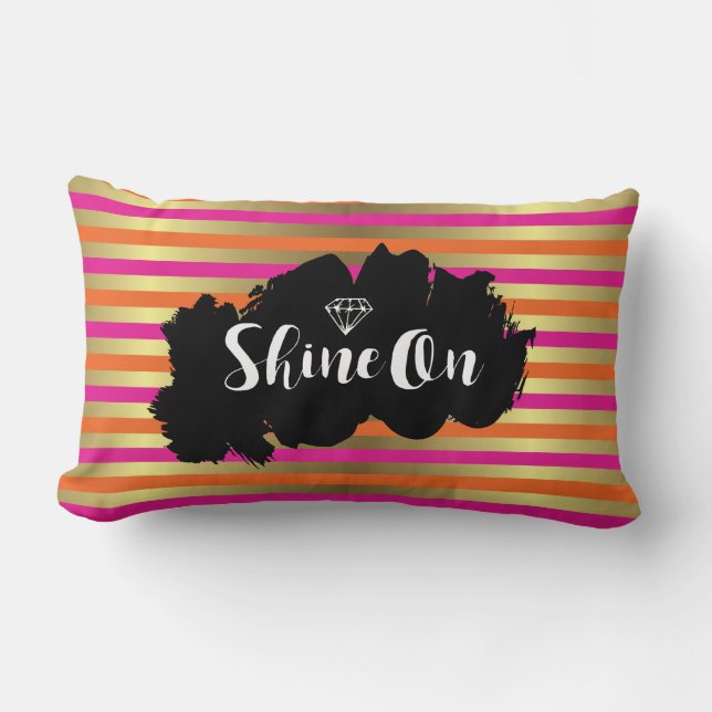 Shine On Pink, Orange & Faux Gold Metallic Stripe Lumbar Pillow (Front)