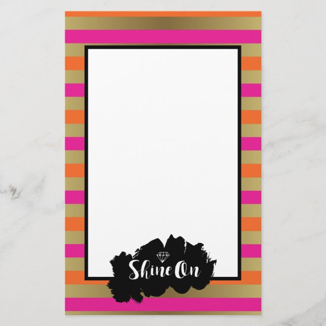 Shine On Pink Orange & Faux Gold Metallic Stripe Stationery (Front)