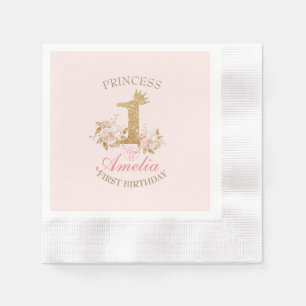 Shine Pink Gold Crown Princess 1st Birthday Party Napkins