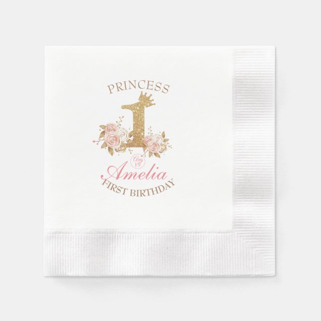 Shine Pink Gold Crown Princess 1st Birthday Party Napkins (Front)
