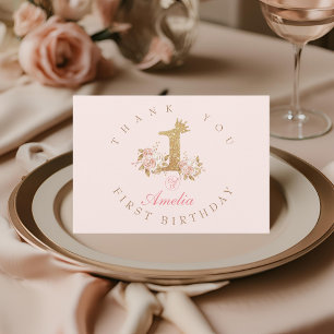 Shine Pink Gold Crown Princess 1st Birthday Party  Thank You Card