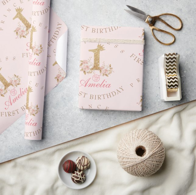 Shine Pink Gold Crown Princess 1st Birthday Party  Wrapping Paper (Crafts)