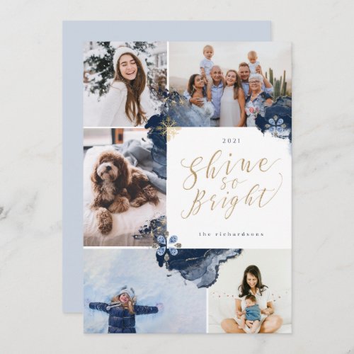 Shine So Bright  Navy Gold Agate Ink Five Photo Holiday Card