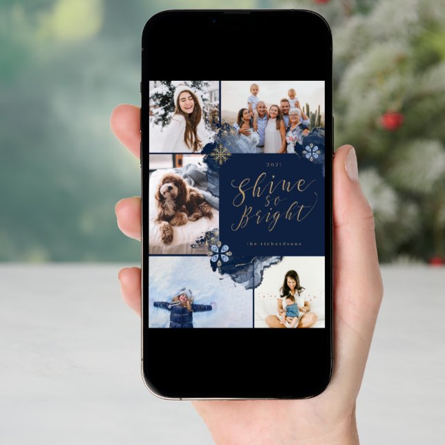 Shine So Bright & Navy Gold Agate Ink Five Photo Holiday Card (Front Digital)