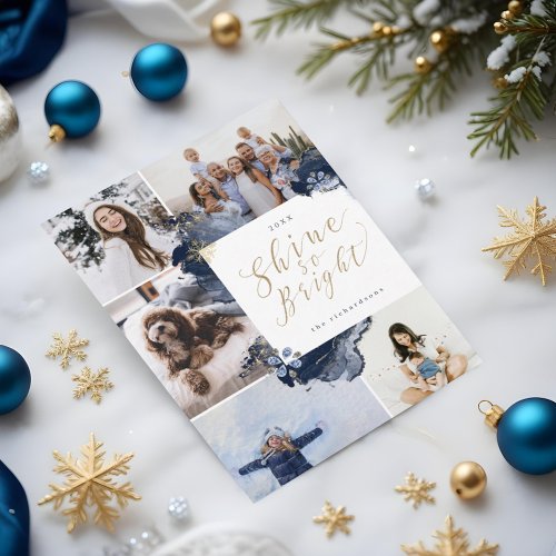 Shine So Bright  Navy Gold Agate Ink Five Photo Holiday Card