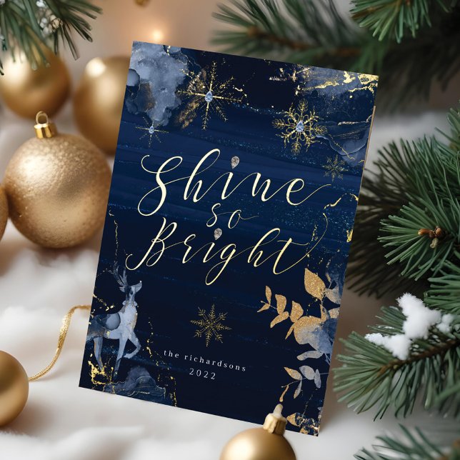 Shine So Bright Navy Gold Snowflakes & Reindeer Foil Holiday Card (Shine So Bright Navy Gold Snowflakes & Reindeer Foil Holiday Card)