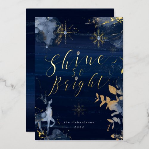 Shine So Bright Navy Gold Snowflakes  Reindeer Foil Holiday Card