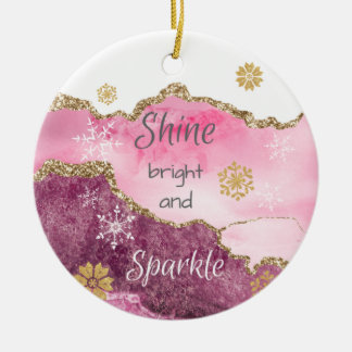 Shine Sparkle Hot Pink Gold Glitter Agate Ceramic Ornament