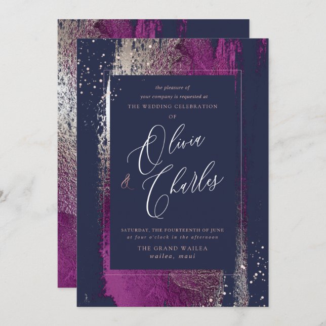 Shine, Winter Bliss Cassis Brush Strokes Navy Invitation (Front/Back)