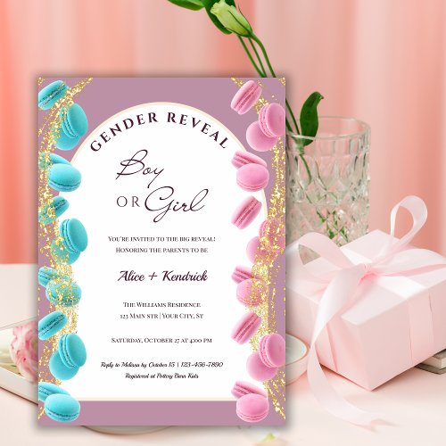 Shining Dusty Pink And Blue Macarons Gender Reveal Invitation