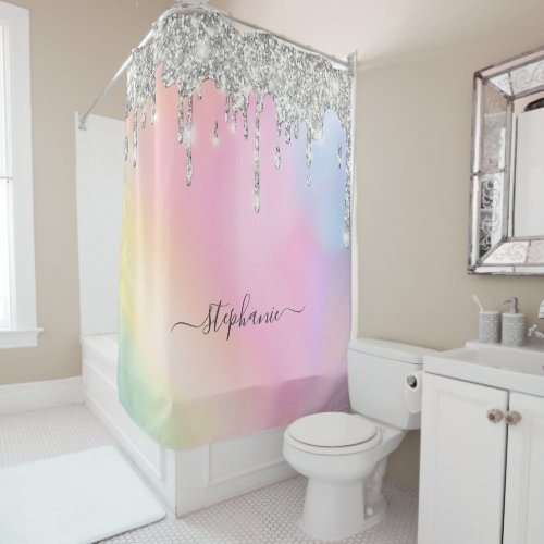 Shining Glitter Silver Drips Rainbow Add Your Name Shower Curtain