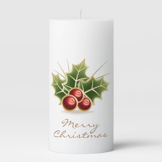 Shining Holly Berry Christmas design and text Pillar Candle