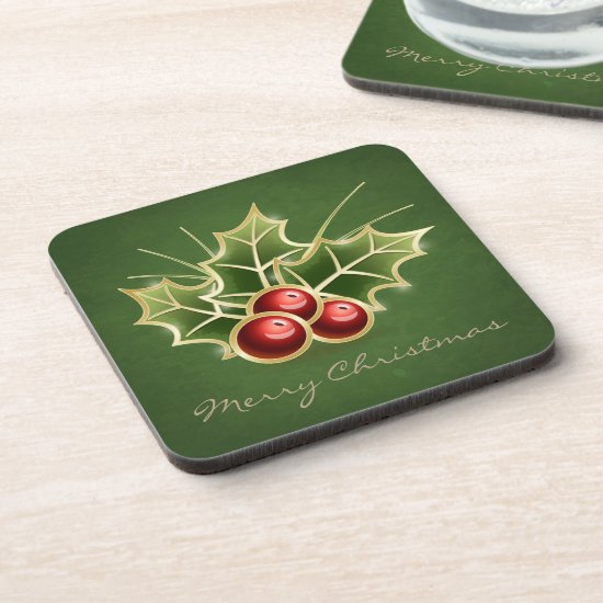 Shining Holly Berry Christmas Green Beverage Coaster