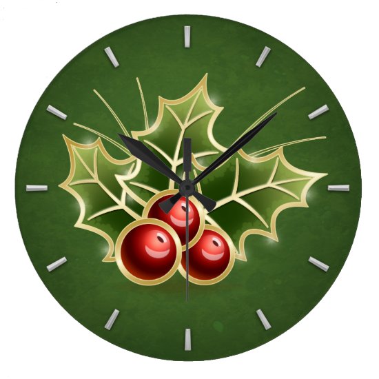 Shining Holly Berry Christmas green Large Clock