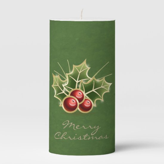 Shining Holly Berry Christmas green Pillar Candle