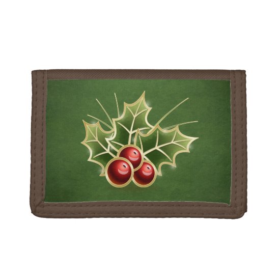 Shining Holly Berry Christmas green Trifold Wallet