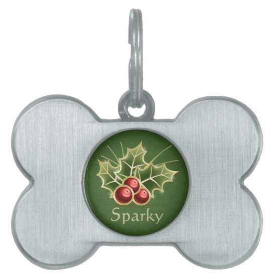 Shining Holly Berry Christmas personalized green Pet ID Tag