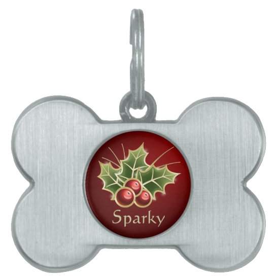 Shining Holly Berry Christmas personalized red Pet ID Tag